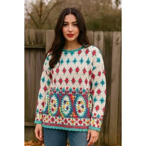 Vintage 80s colorful floral knit cotton‎ sweater size large women's cottagecore